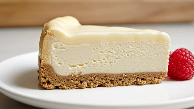 Delicious slice of white chocolate glazed cheesecake with a fresh raspberry served on a white plate
