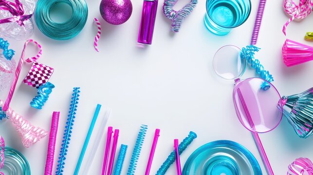 Vibrant Celebration Accessories in Pink, Blue, and Purple Scattered for Festive Party Planning