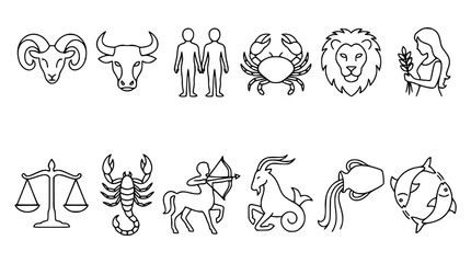 Naklejka premium Vector illustration of twelve zodiac signs in simple black line art style