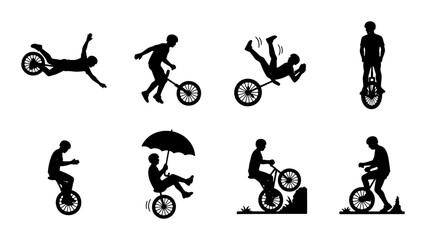 Dynamic Unicyclist Silhouettes: Action, Tricks, and Balance Poses, Vector Set for Sports and Lifestyle Graphics © Tania