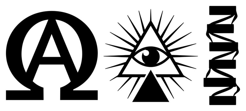 mystical symbols set including alpha omega sign and all seeing eye of providence in bold black vector style