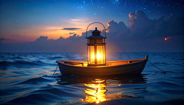 Peaceful boat with lantern on calm water at serene sunset