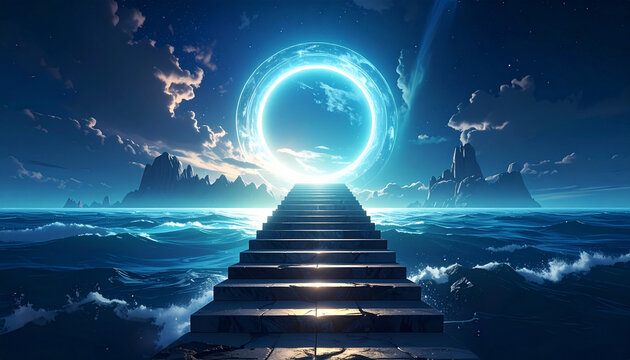 Glowing portal above ocean waves with stairs leading to mystical gateway