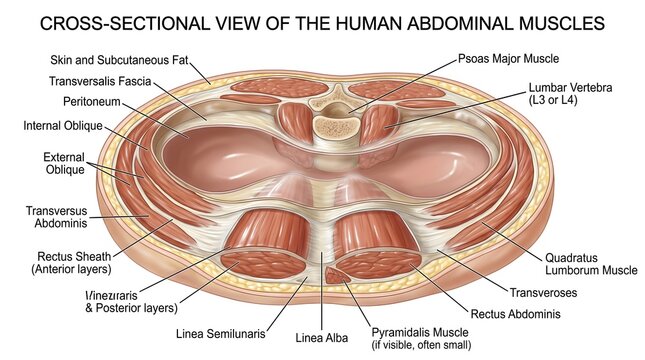 Cross‑Sectional View of the Human Abdominal Muscles: Rectus Abdominis, External and Internal Obliques, Transversus Abdominis, Quadratus Lumborum, Psoas Major and Surrounding Fascia, Linea Alba and Lin