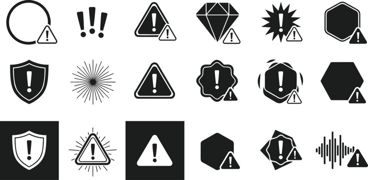 Warning Triangle and Exclamation Mark Icon Set for Safety Alerts Danger Notices and Digital Interface Security