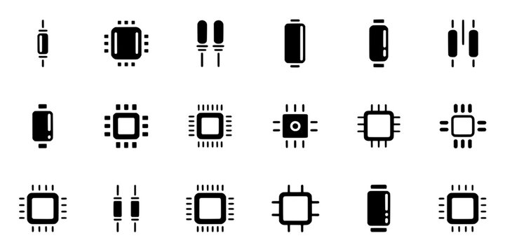 Microprocessor icon set with minimal circuit symbols, CPU, chip, and electronics hardware for tech interface design