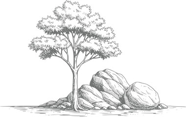 Of a tree growing beside rocks on a white background © Rifat