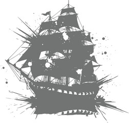 Silhouette of a vintage sailing ship with abstract ink splatters © Rifat