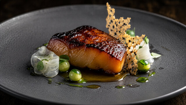 Gourmet Pan-Seared Black Cod with Miso Glaze on Dark Ceramic Plate