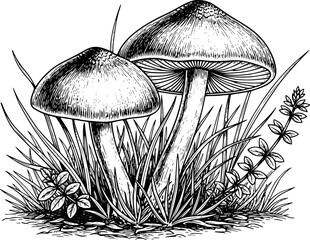 Vintage engraving style of mushrooms growing in grassy field fungi nature forest © Rifat