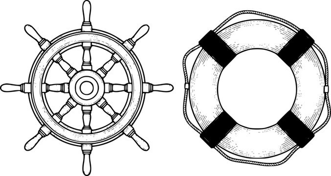 Vintage ship's wheel and lifebuoy nautical white background, helm marine