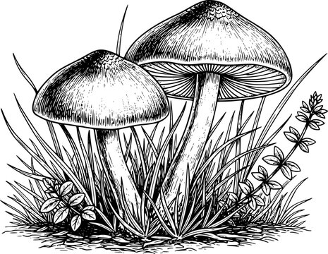 Vintage engraving style of mushrooms growing in grassy field fungi nature forest