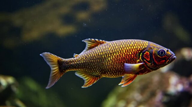 Mesmerizing close-up of a colorful, patterned fish swimming gracefully in an aquarium setting, showcasing aquatic beauty