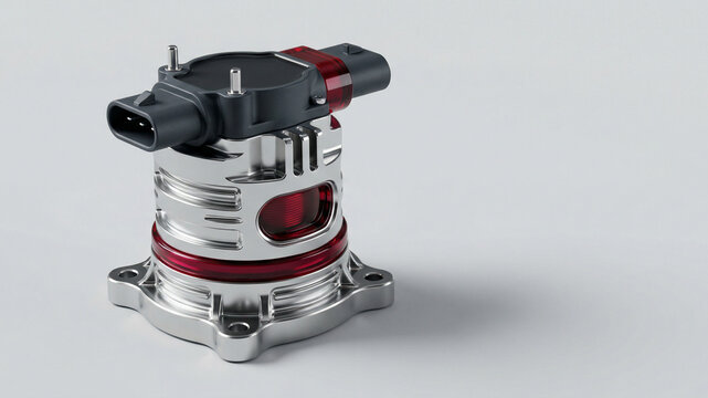 Metal coil component with black plastic connector and red parts on light background with copy space