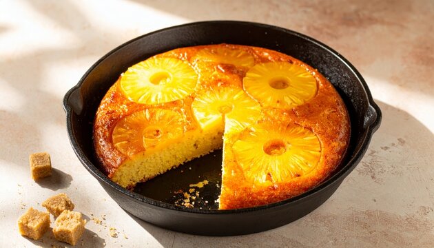 Golden pineapple upside down cake baked in a cast iron skillet ready to be sliced and served