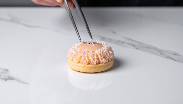 Gourmet Petit Four with Intricate Icing Decoration Being Placed by Tweezers