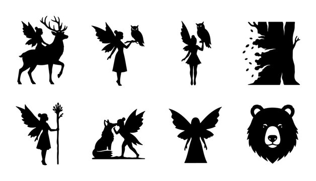 Enchanted Forest Silhouettes: Fairy, Deer, Owl, Bear, and Tree Icons, Vector Graphics for Fantasy and Nature Designs