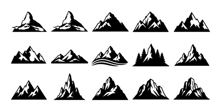 Mountain Icons Set, Diverse Peaks Collection, Rugged Summit Graphics, Nature Landscape Vector Art