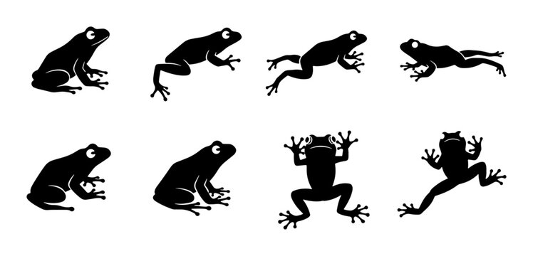 Black Frog Silhouettes, Amphibian Poses Vector Set, Jumping and Sitting Wildlife Icons, Simple Animal Graphics for Design