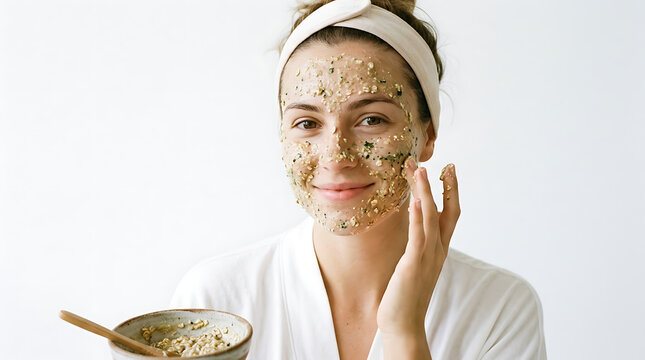 Woman applies facial mask with oats and touches her face gently at home