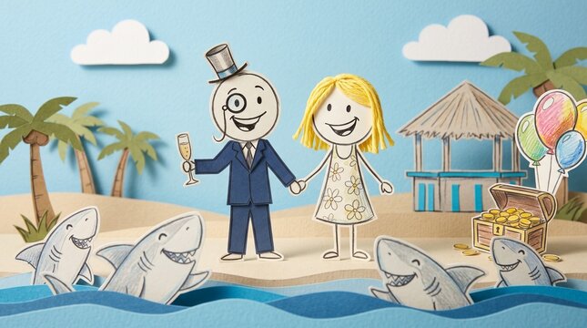 A wealthy paper-cut couple smiles on a tropical beach near a treasure chest, oblivious to or amused by smiling sharks in the water, evoking an absurd, carefree sense of extreme luxury.