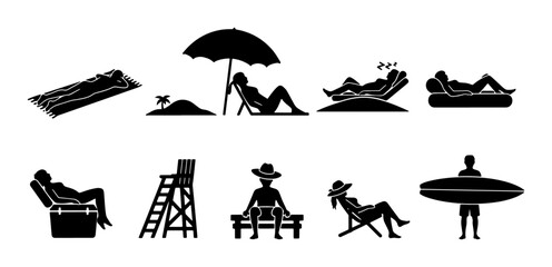 Obraz premium Beach Vacation Silhouettes, Relaxing People Icons, Summer Leisure Activities, Sunbathing and Surfing Vector Set