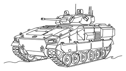 Armored military tank vehicle with tracks and gun turret in continuous line drawing style © Amelia