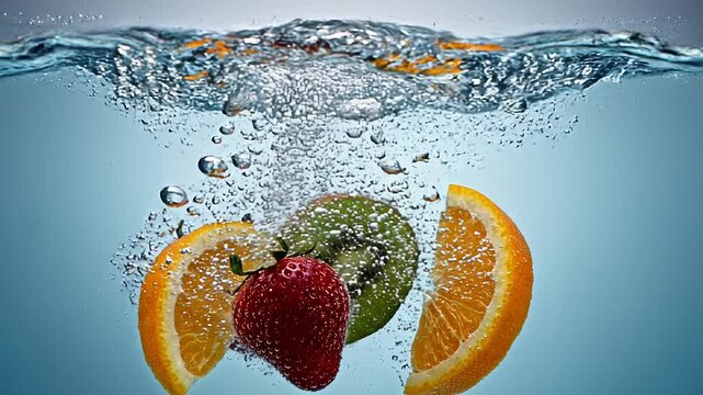 Dynamic and refreshing 7-second slow-motion video of fresh strawberries, kiwi, and orange slices dramatically splashing into clear water. Vibrant fruits move with beautiful bubbles, splashes, and crys