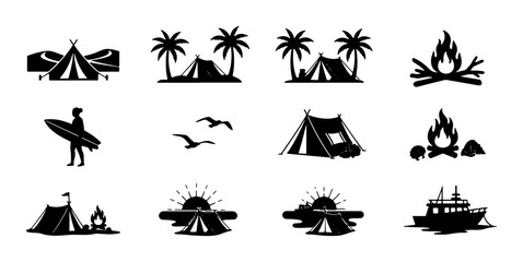 Obraz premium Camping and Outdoor Adventure Icons: Tents, Campfires, Surfer, Palm Trees, Birds, and Boat Vector Graphics for Travel and Recreation Themes