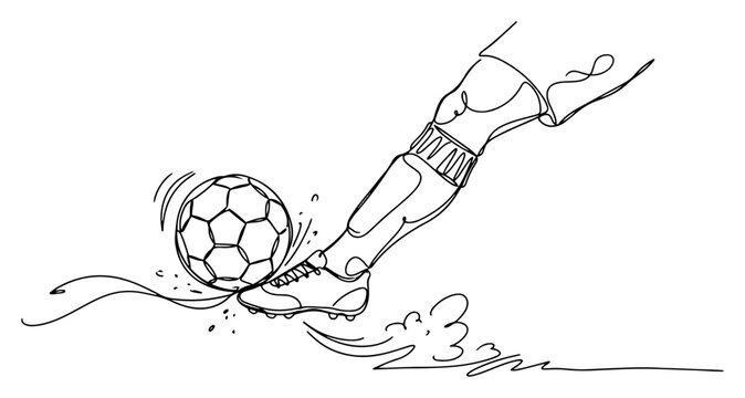 Soccer player foot kicking a football in minimalist continuous line art style
