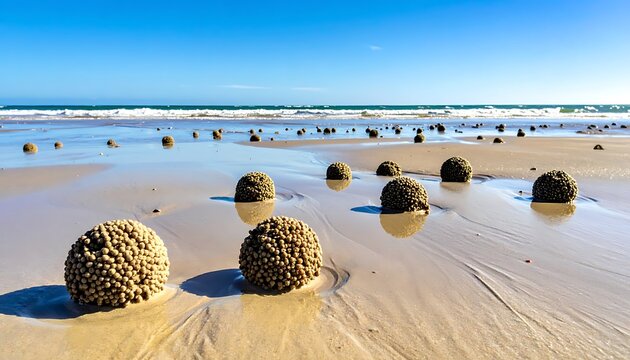 A serene beach scene with numerous spherical boulders