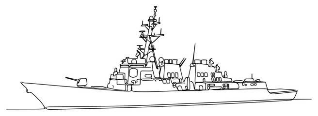 Navy destroyer warship military naval vessel continuous line art drawing © Amelia
