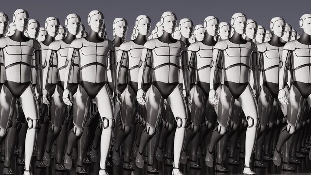 3d animation loop of an army of identical futuristic androids. Abstract visualization of artificial intelligence, cloning and technology evolution. Cinematic sci-fi atmosphere for tech projects.