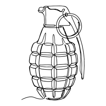 Military hand grenade explosive weapon with pull ring one line drawing style