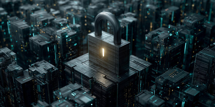 Data privacy concerns highlighted in cybersecurity landscape digital city 3d visualization futuristic environment aerial perspective