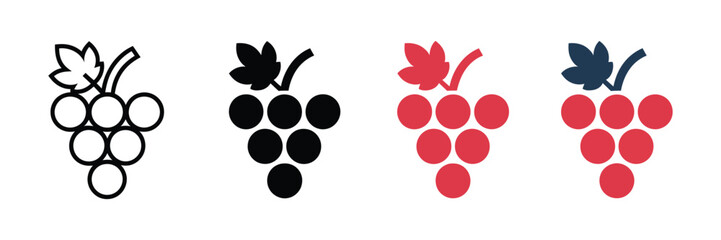 Fototapeta premium Set of grape icons in different styles, outline, solid black, red and multicolored vector illustrations