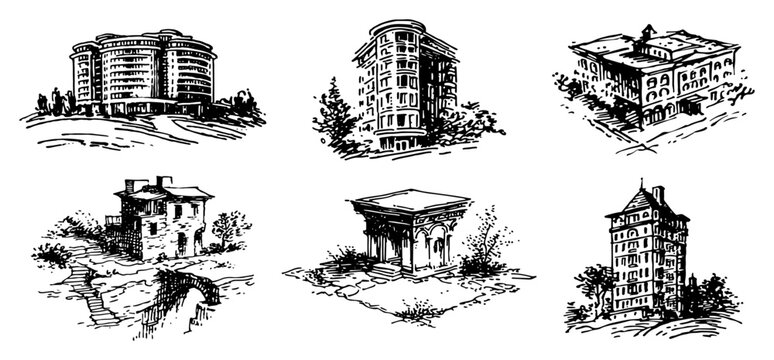 Historic buildings and architectural monuments vintage engraving style sketch set