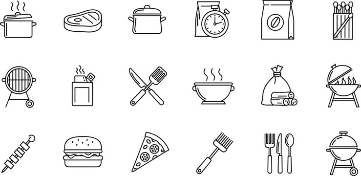 Cooking and Barbecue Grill Line Icon Set for Restaurant Menus Picnic Parties and Outdoor Food Preparation