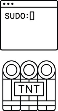 Cybersecurity Hacking Icon Set with Sudo Terminal Command Window and TNT Dynamite Explosive Line Art Symbols