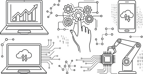 Fototapeta premium Digital Transformation Icon Set with Automation Cloud Computing and Robotic Tech Line Art for Business Infographics
