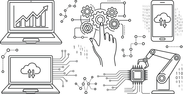 Digital Transformation Icon Set with Automation Cloud Computing and Robotic Tech Line Art for Business Infographics