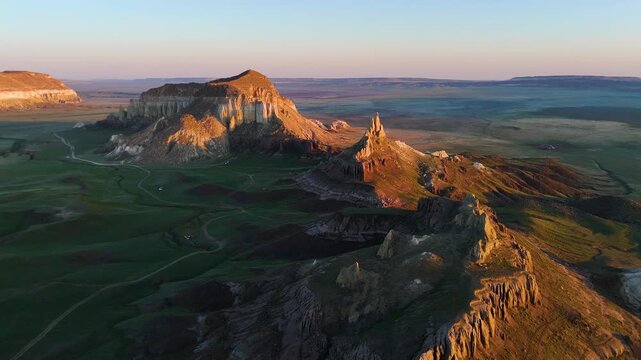 Drone flight at sunset in the Ayrakty Castle Valley in Mangystau, Kazakhstan