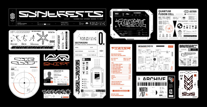 Futuristic Techwear Label, cyberpunk industrial tags, fake logo, streetwear decal with futuristic lettering. Sci-fi techwear labels, industrial instructions with blueprints, HUD, stickers. Vector set