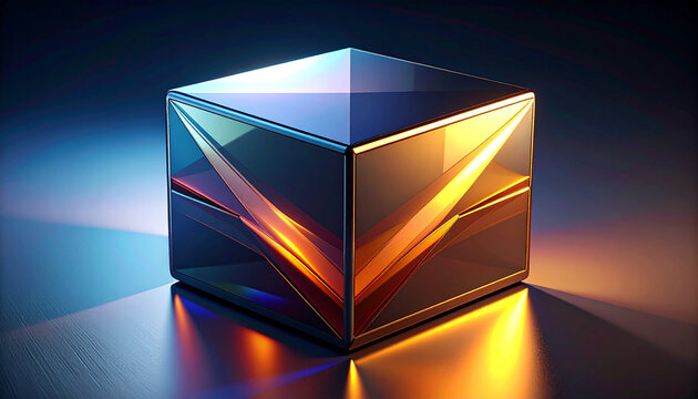 Shiny metallic cube with colorful reflections and lights