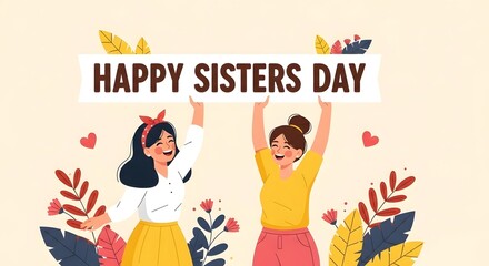 Naklejka premium Happy sisters day celebration with two cheerful young women holding a banner together