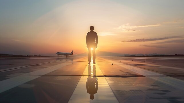The silhouette of a transportation coordinator at an airport runway, managing logistics with ample copy space.