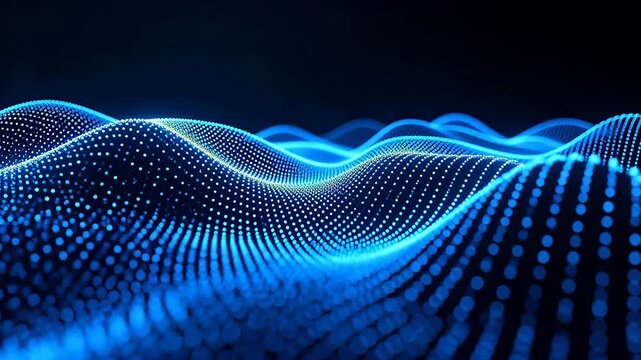 Abstract blue digital particle wave forming mountain shape on dark background