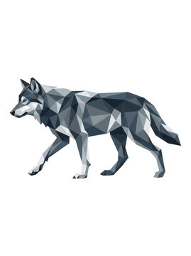 Low-poly wolf walking on white background in grey tones