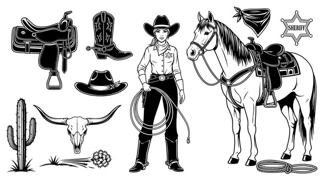 Western-themed illustration with various cowboy and ranching items