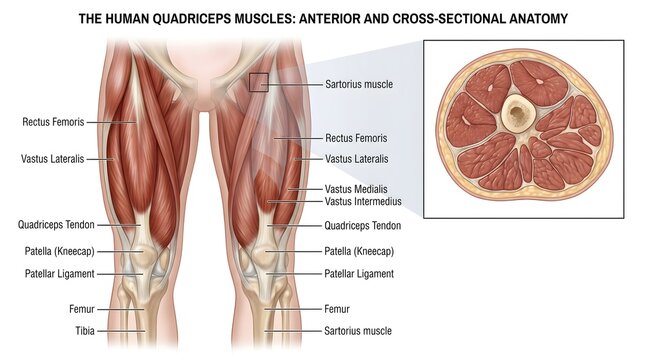 The Human Quadriceps Muscles: Anterior and Cross‑Sectional Anatomy Depicting Rectus Femoris, Vastus Lateralis, Vastus Medialis, Vastus Intermedius, Sartorius, Quadriceps Tendon and Patellar Ligament A